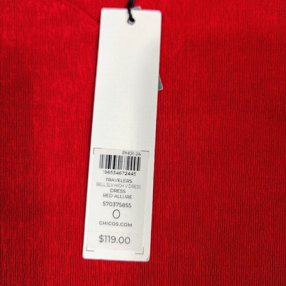 Chico's Travelers Dress Womens 0 US Small Red Allure High V-Neck Bell Sleeve NWT - Picture 3 of 12